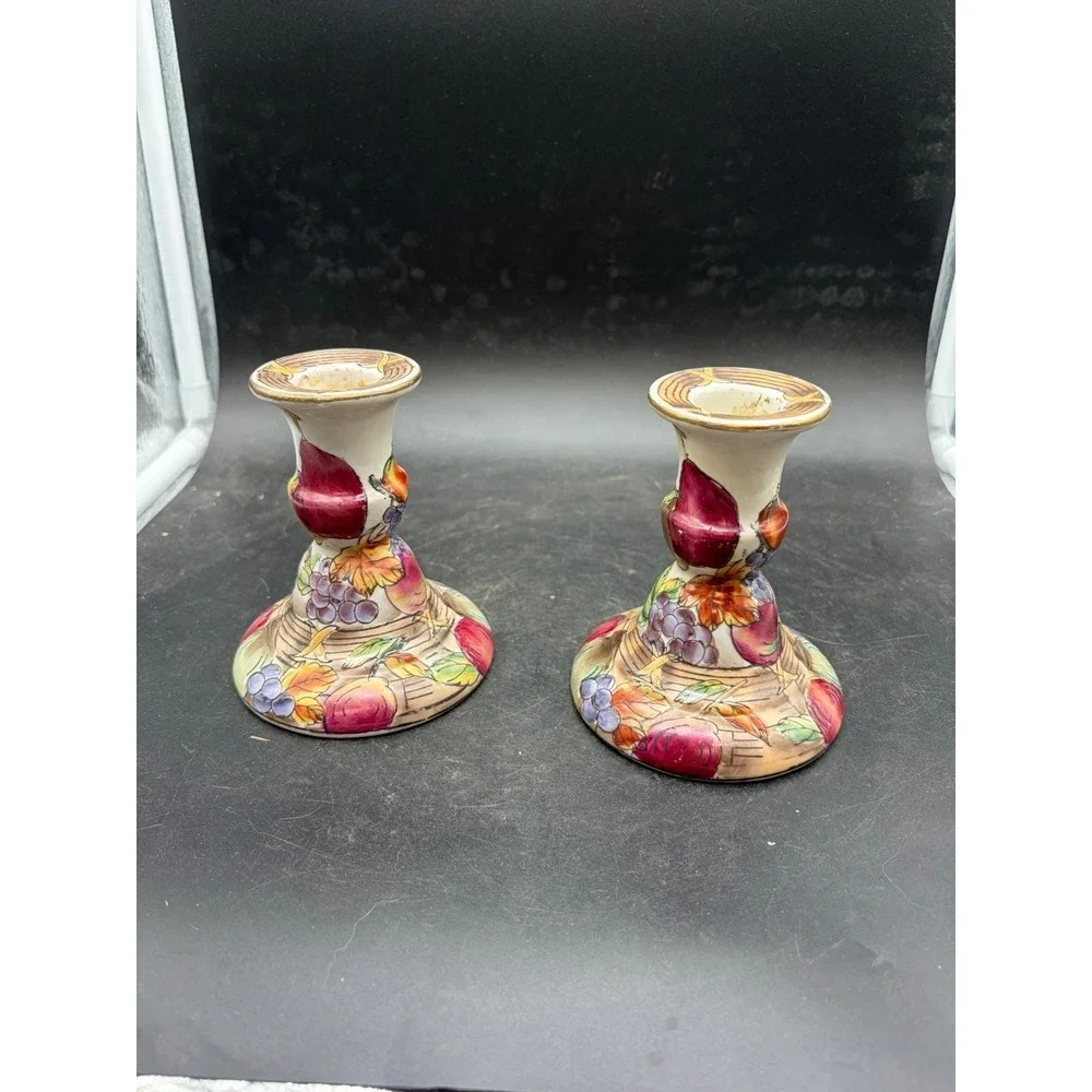 Vintage Ceramic Fruit Harvest Candlestick Holders Pair Hand‎ Painted Decorative